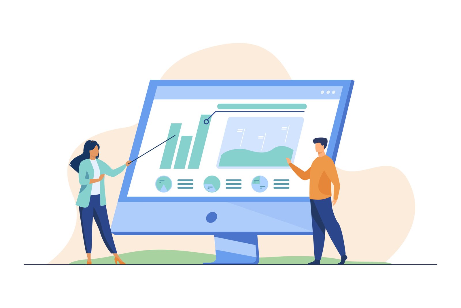 Professionals analyzing charts on computer monitor. Colleagues presenting diagram flat vector illustration. Business, marketing, analysis concept for banner, website design or landing web page